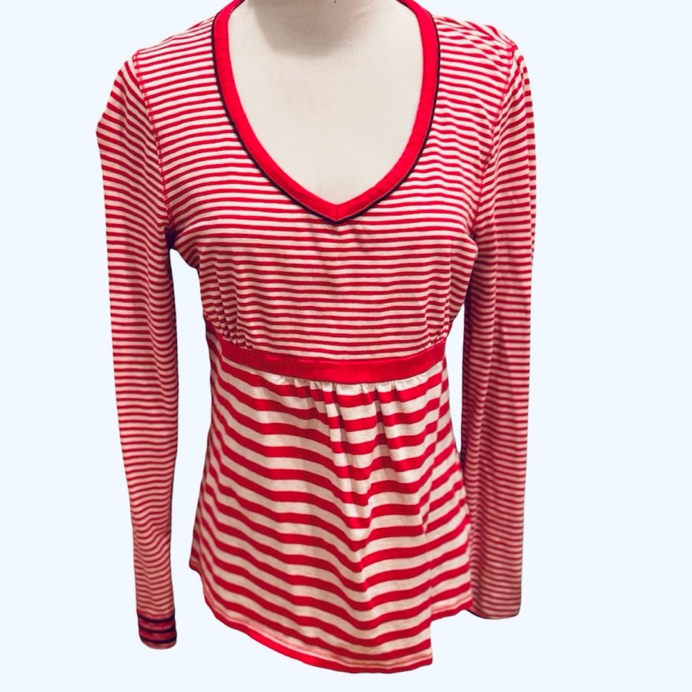Boden Red White Striped Top Vneck Preppy Retro UK 14 US 10